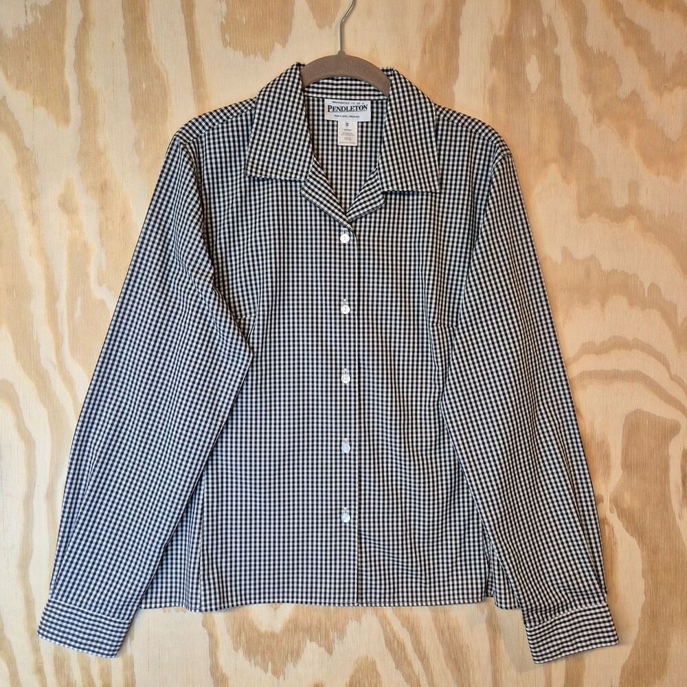 Pendleton Women's Gingham Button Up Shirt Black White Size 12 Cotton Blend